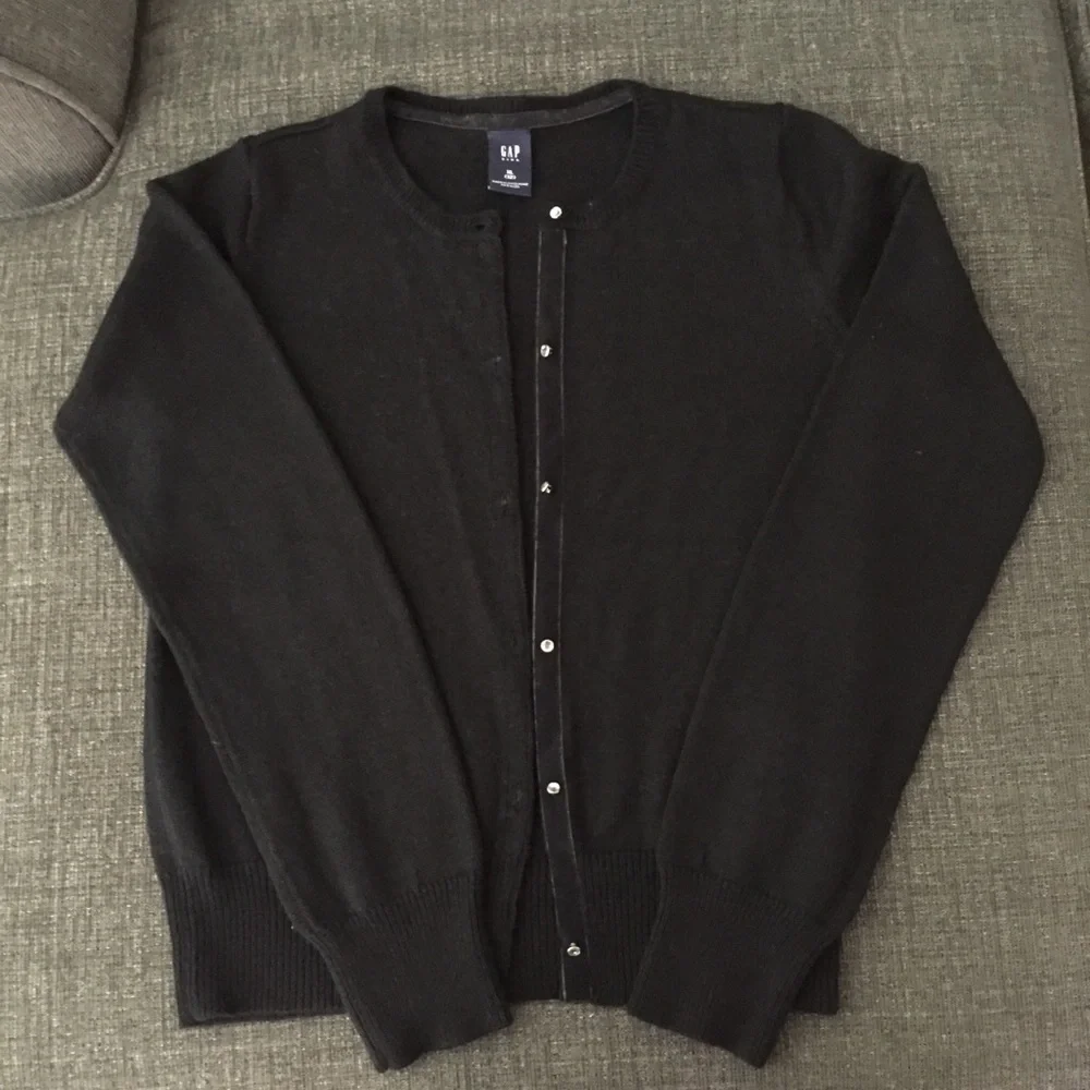 GAP Black Cardigan Sweater *Velvet Trim Rhinestone Buttons